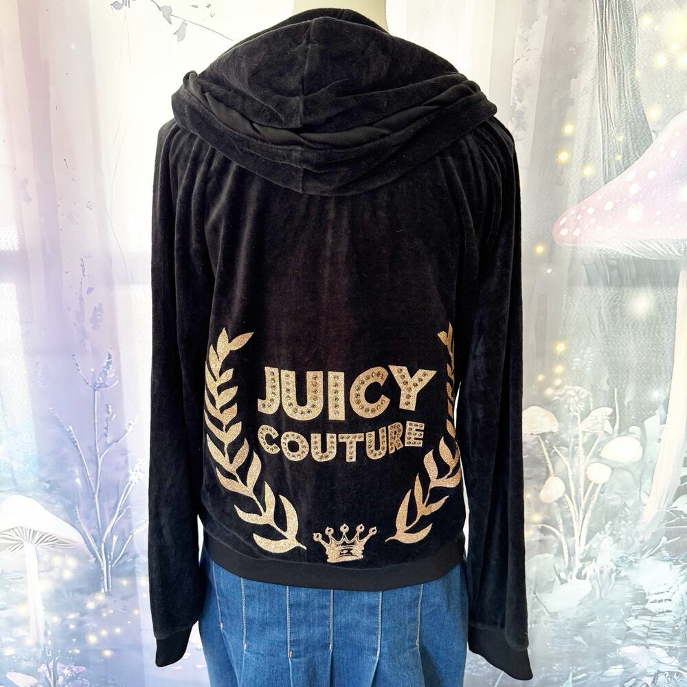 Y2K Juicy Couture Black Velour Hoodie Gold Glitter Logo Zip Up Women's Size L